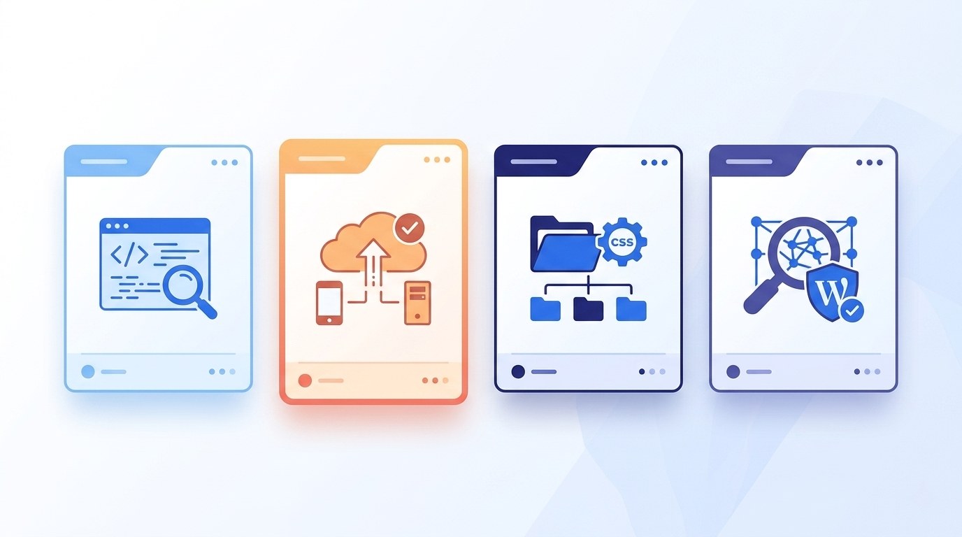 Przykład analizy kodu źródłowego strony WordPress z widoczną ścieżką motywu