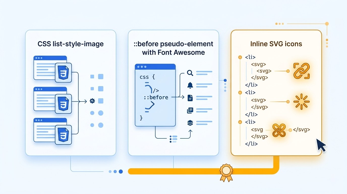 Porównanie list HTML z domyślnymi kropkami i niestandardowymi ikonami SVG