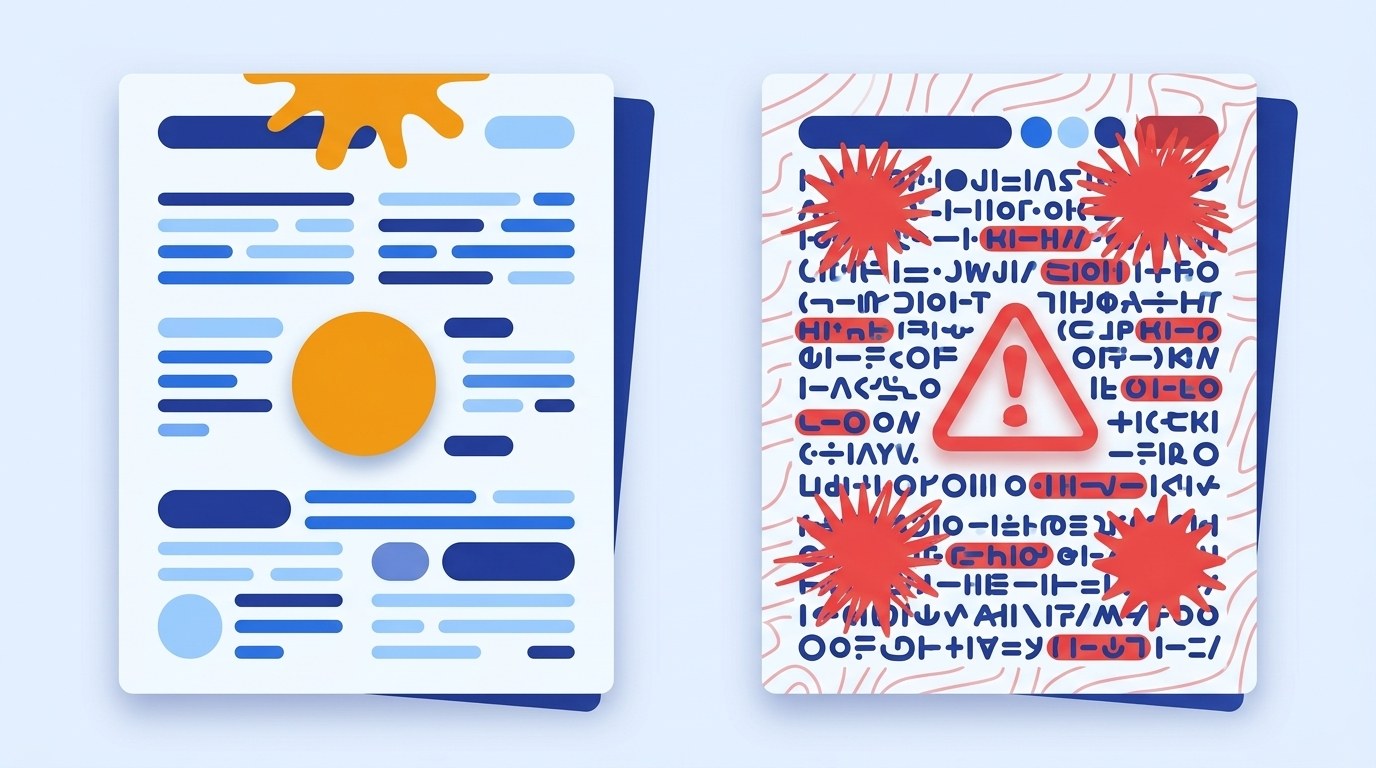 Analiza gęstości słów kluczowych w narzędziu SEO z zaznaczonymi przypadkami keyword stuffing