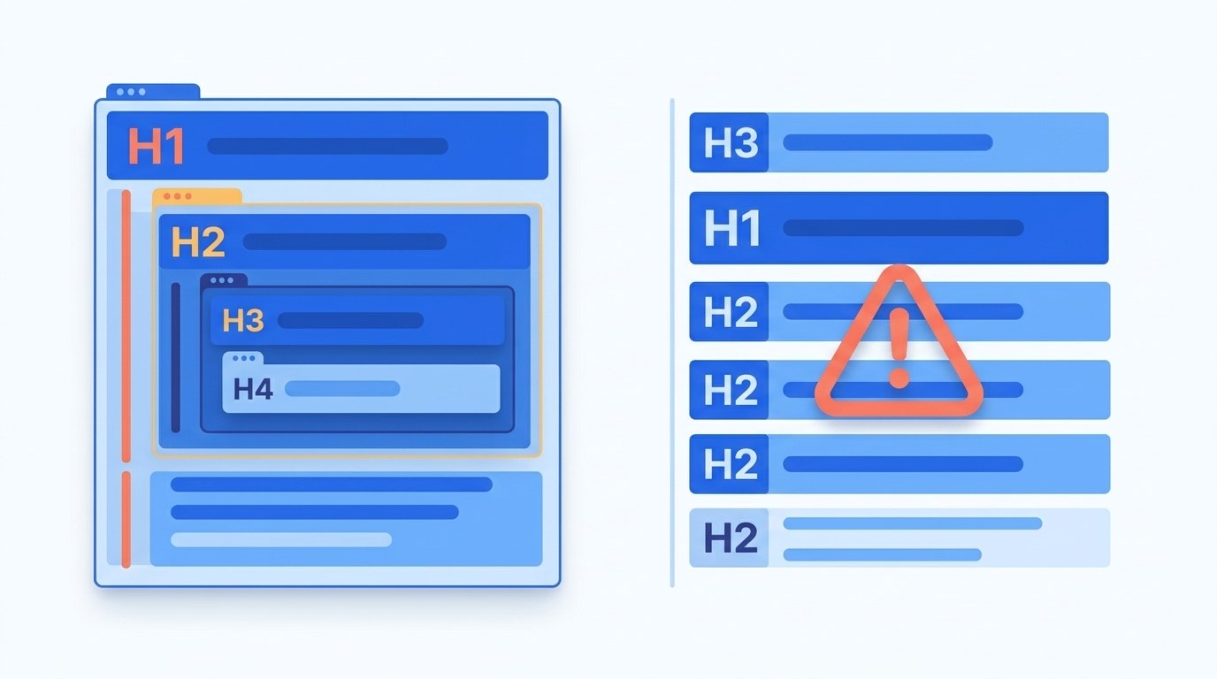 Wizualizacja prawidłowej hierarchii nagłówków H1 H2 H3 na stronie internetowej pod kątem SEO